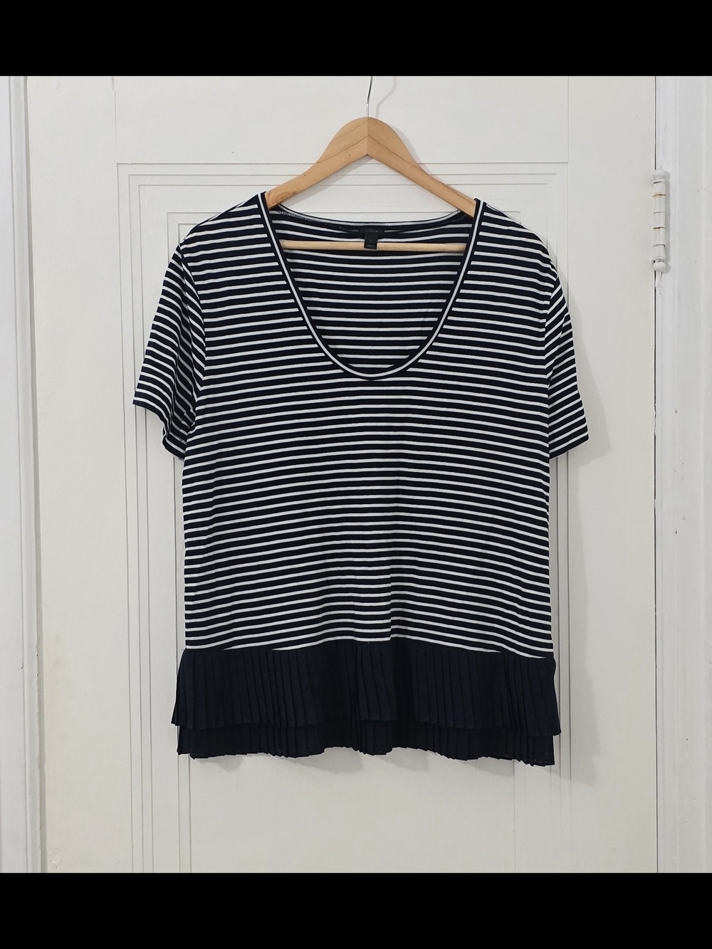 J. Crew Navy and White Striped Short Sleeve Top with Pleated Hem, Size L, EUC